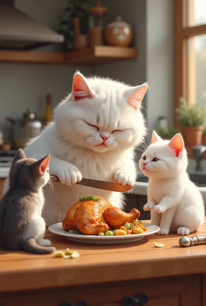 White cat cooking chicken and cutting full chicken into pieces and serving that coocked chicken meat to cat friend and eat 