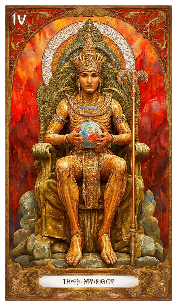 Art nouveau style, a very powerful Emperor character of tarot, text says "THE EMPEROR" at bottom, "IV" at top, the Emperor sits on a stone throne, adorned with four ram's heads, symbolizing the constellation AriesWearing a crown with blooding gems around, ...