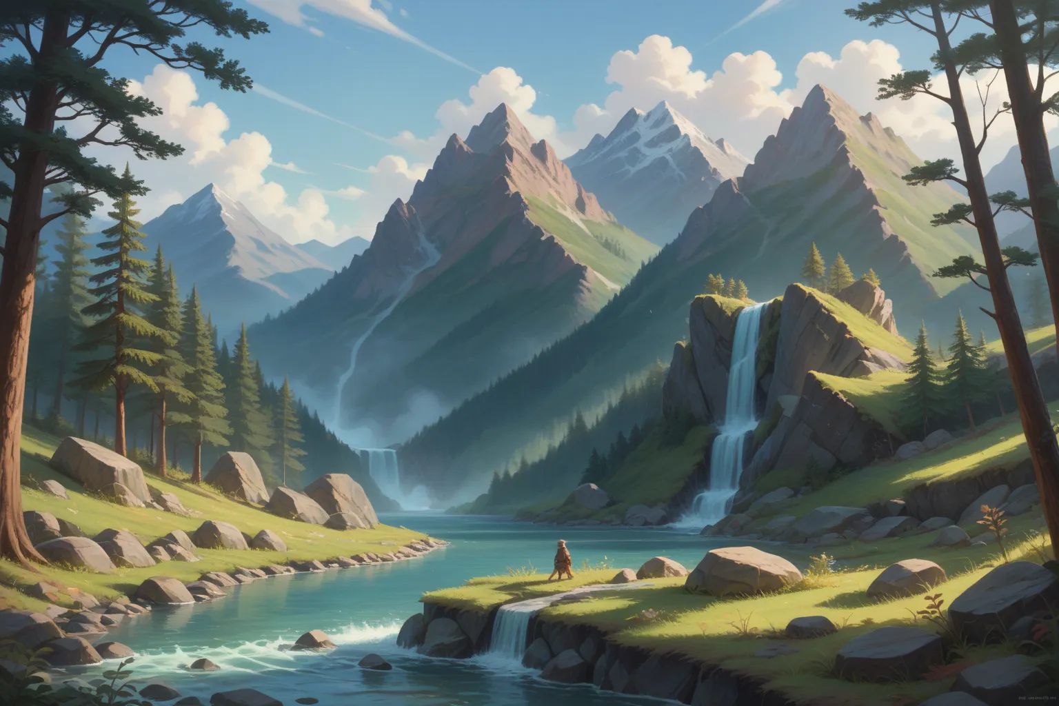 blue tones, (stream at dawn:1.3), (A murmuring stream from left to right ford, stones sticking out through the clear water:1.2), ( high quality), (  Masterpiece ), ( highest detail), [with a forest in the distance, mountains very far away],  fantasy backgr...