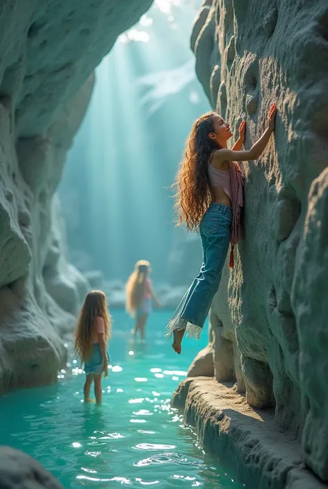 Une sirène âgée de 6 ans fait de l'escalade sur un mur artificiel en indoor. Elle a les cheveux mi-longs, ondulés et de couleur châtain foncé. Elle nous regarde en souriant. En arrière plan ses copines sirènes elles aussi âgées de 6 ans la regardent.