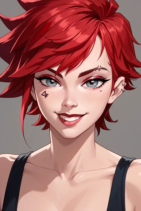 Vi Arcane, anime style,red hair, short hair,( smiling, piercing eyes,  perfect face and body ),