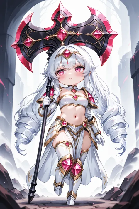 1girl\chibi:1.3\dwarf:1.1\twin drills:1.3\blushing, solo, Sulking, whole body, (tube top,  beautiful lite armor\jewel, white greave, white gantlet), breasts, navel, great giant axe:1.3, full body:1.1, BRRAK, very awa, (masterpiece, best quality, newest, hi...