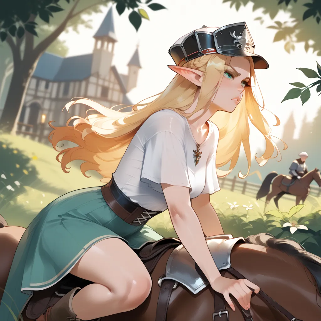 Medieval clothing, elf, white cap, riding on horse, 1girl, upset, short, adult, Long Hair, T-Shirt