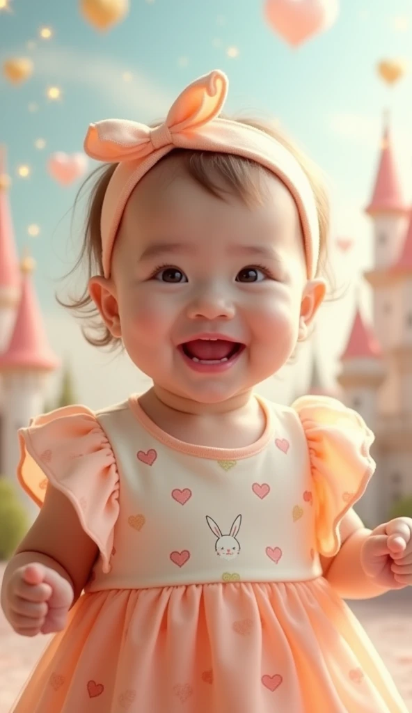 A smiling baby girl wearing a soft peach and cream-colored dress with tiny heart and bunny patterns, delicate ruffled sleeves, and a matching peach headband with a bow. She looks playful and excited. The background is a fairytale scene with a pastel-colore...