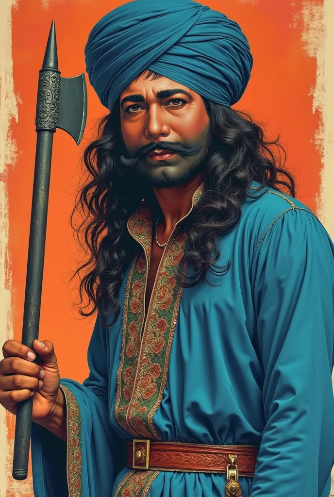 In this poster Punjabi Star maula jutt who is wearing blue costume  1979 movie poster is shown i want exact same replica in bohemian syle style  with wavy long hair, Punjabi dress, big mustache no beard holding a a long axe like scissor right hand and hair...