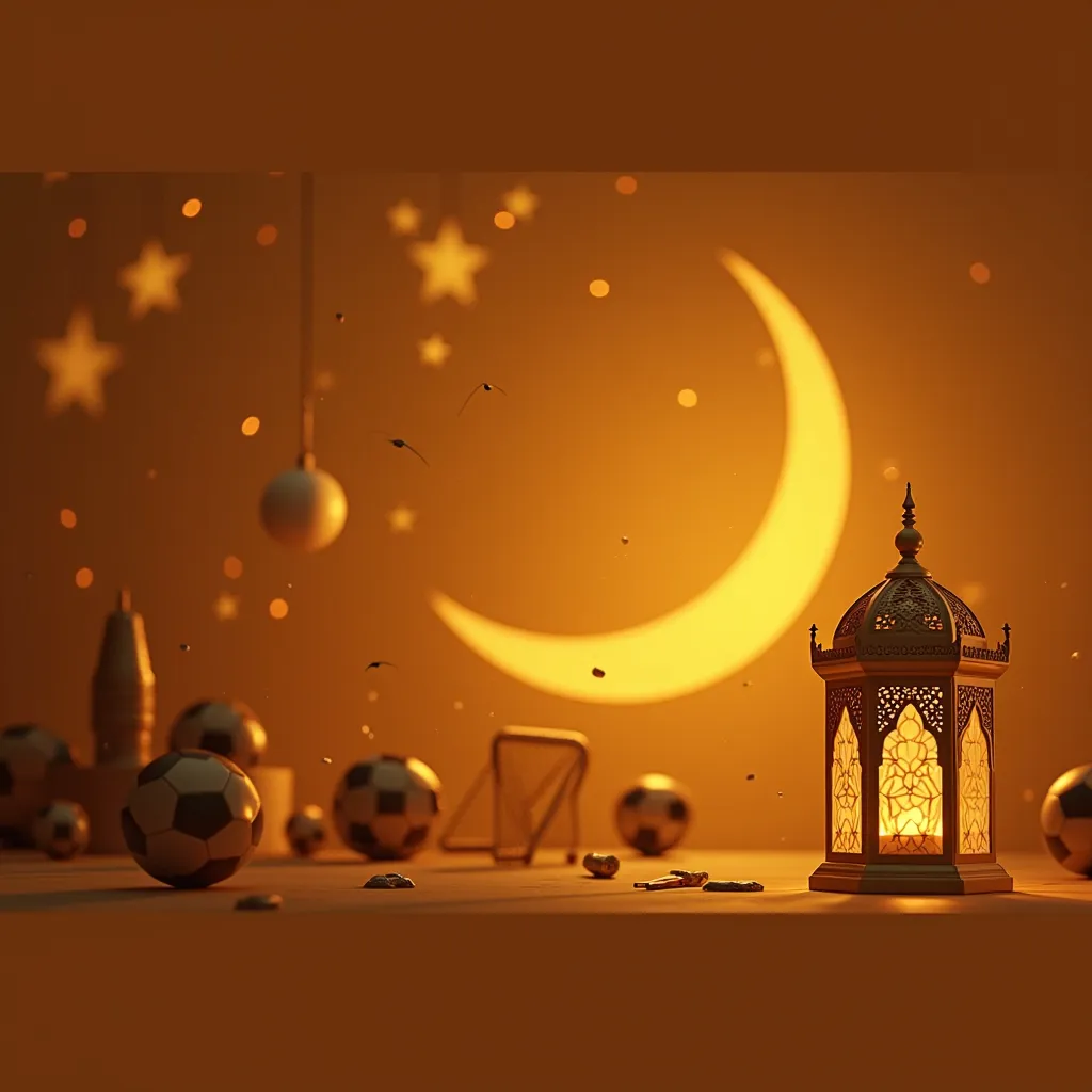 A Ramadan big lantern at the right of the picture and a crescent moon at the left , high quality and details in a yellow theme with high quality sport items in the background