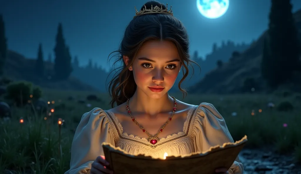 The princess reading the map under moonlight, her eyes filled with determination.