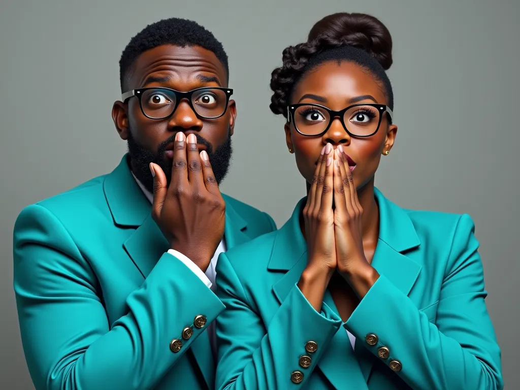 un homme et une femme africains  qui portent des lunettes de vue  habillez en bleu turkoise qui on l'air surpris avec la main sur la bouche devant un fond gris