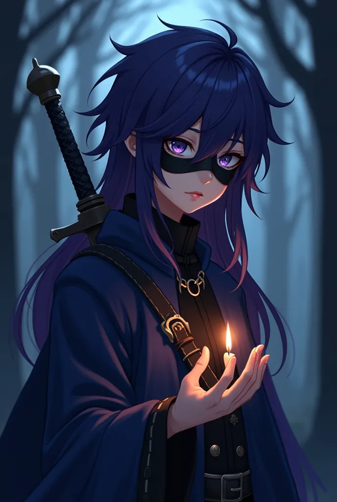 Anime boy with long dark purple hair and silver eyes large body in deep blue musketeers clothing holding rapier sword in his right hand in forest at nights with candles on his left hand and he covered half his face with black mask