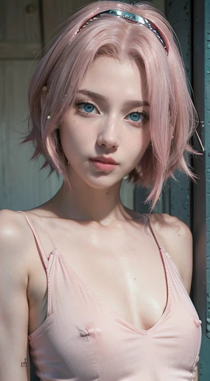 young woman, short shoulder-length pink hair, wide forehead, porcelain skin, pink eyebrows, big emerald green eyes, buttoned nose, full lips, heart-shaped face, slender body, small breasts, red tank top, Sakura Haruno , realistic, realism, details, 3d, wel...