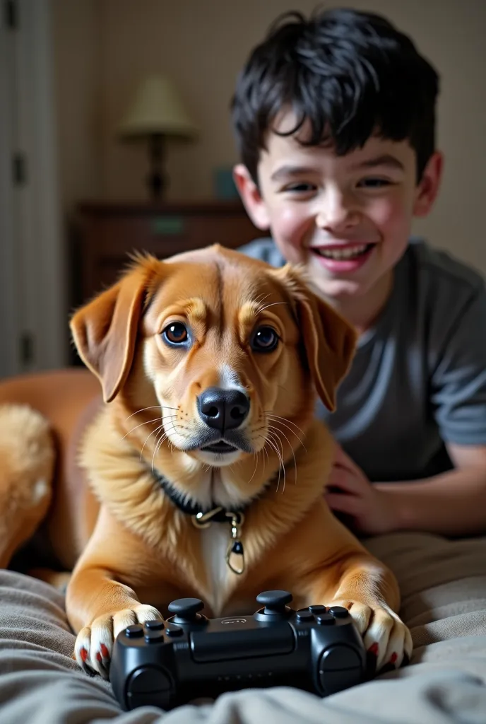 Create a realistic image of a dog playing video game holding a video game controller with its owner a super excited 20-year-old boy the dog is the color of caramel breed becomes a can , The dog is using its paws to hold the control and the boy is pale whit...