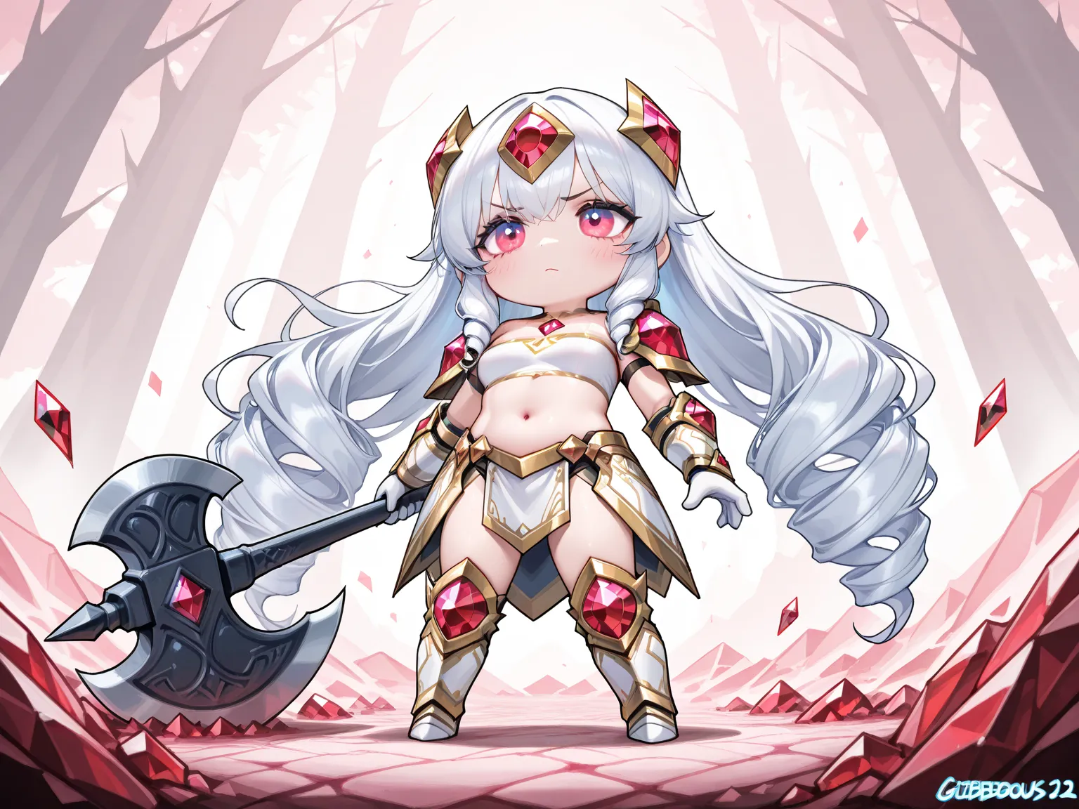 1girl\chibi:1.3\dwarf:1.1\twin drills:1.3\blushing, solo, Sulking, whole body, (tube top,  beautiful lite armor\jewel, white greave, white gantlet), breasts, navel, great giant axe:1.3, full body:1.1, BRRAK, very awa, (masterpiece, best quality, newest, hi...