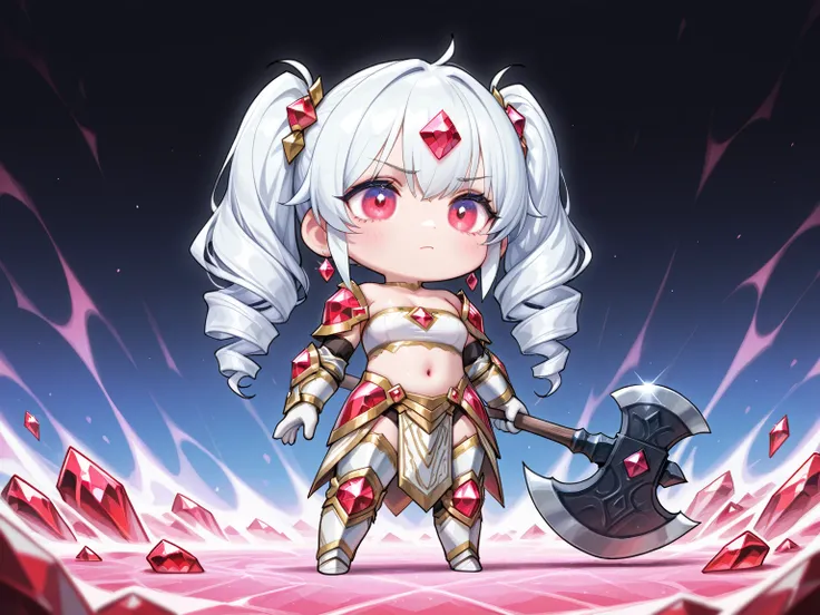 1girl\chibi:1.3\dwarf:1.1\twin drills:1.3\blushing, solo, Sulking, whole body, (tube top,  beautiful lite armor\jewel, white greave, white gantlet), breasts, navel, great giant axe:1.3, full body:1.1, BRRAK, very awa, (masterpiece, best quality, newest, hi...