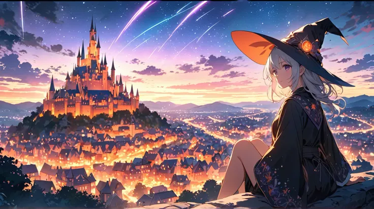 "A young witch with silver hair, wearing a black robe with intricate embroidery and a pointed hat, sits on a hill overlooking a glowing medieval fantasy city at sunset. The city is illuminated by countless warm golden lights, with a majestic castle standin...