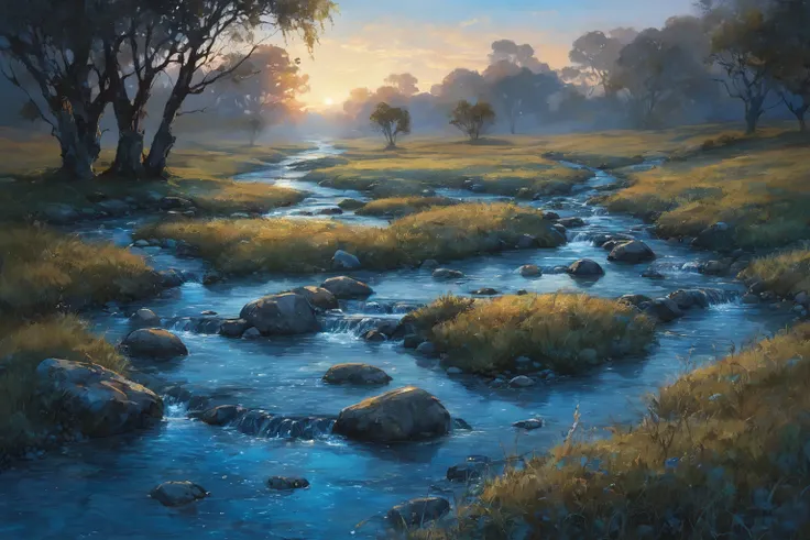 blue tones, (stream at dawn:1.3), (A bubbling stream from left to right ford, stones sticking out through the clear water:1.2), ( high quality), (  Masterpiece ), ( highest detail), [plain in the distance, open spaces],  fantasy background, blue tones, Dar...