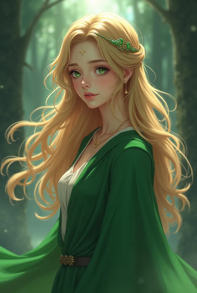  young woman ,  golden hair, green eyes, wearing green cloak, Greek clothing , wearing a green eye mask, anime style