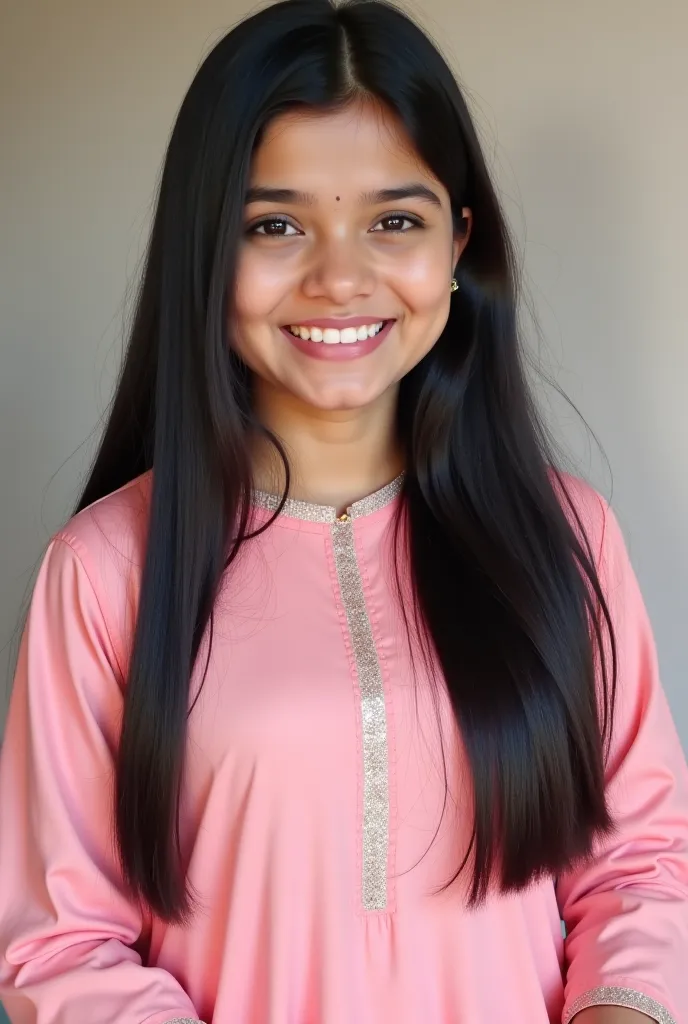 Creat a profationl picture of 25 years old Pakistani Asian smart long face very chubby girl beautiful bright sikn color girl , very long black straight  hair with longfront banks in traditional plain baby pink colour dress descent long face with plain dupa...