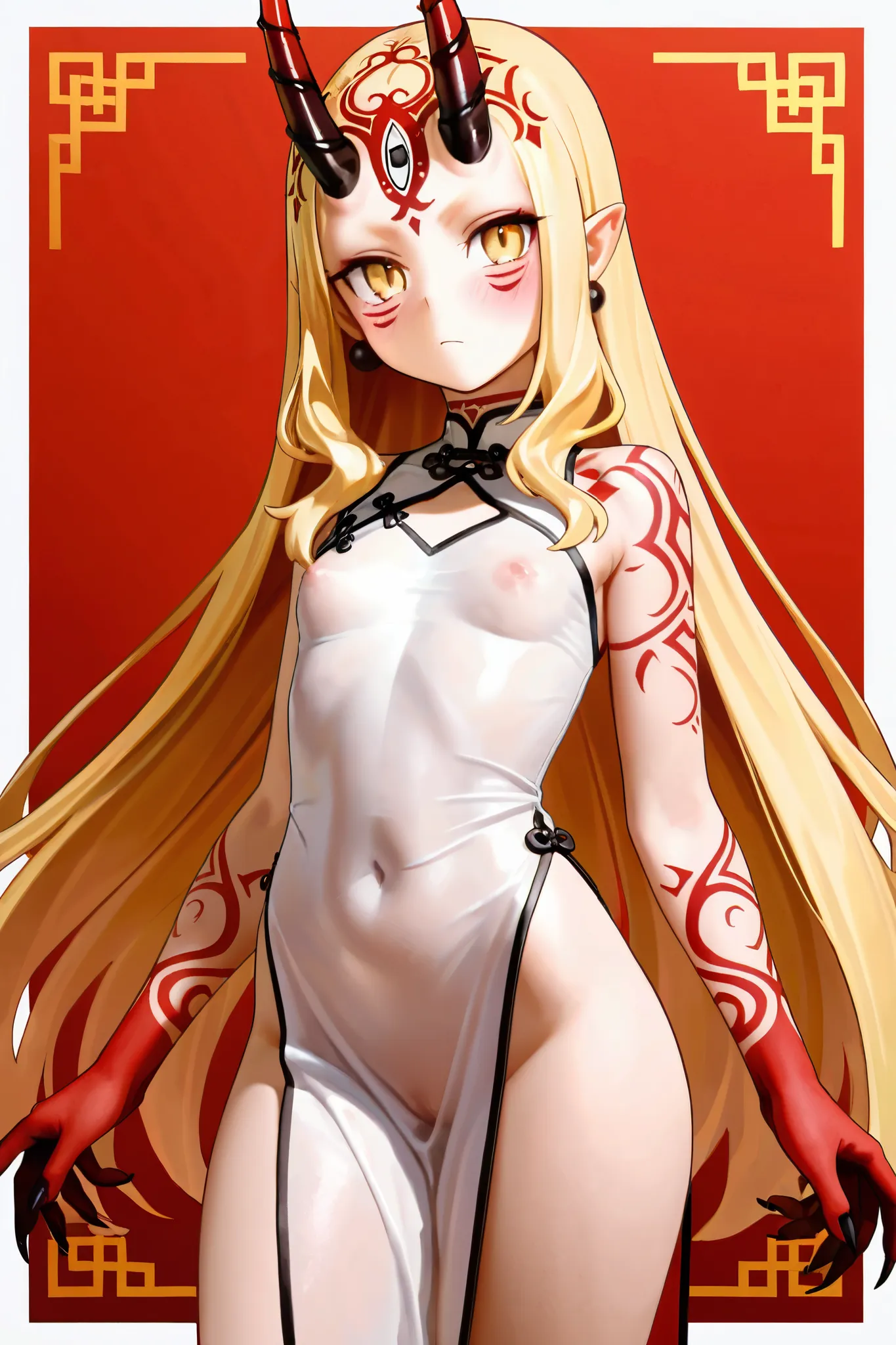 NSFW,masterpiece,Highest quality,Hi-Res,very detailed,Ibaraki Doji\(Fate/Grand Order),long hair、 Gold、side lock、yellow eyes、pointed ears、 face mark 、tattoo、 forehead mark、ghost、horn、Sharp Claws,China dress, sleeveless