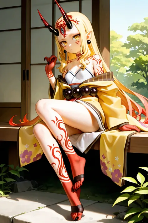 NSFW,masterpiece,Highest quality,Hi-Res,very detailed,Ibaraki Doji\(Fate/Grand Order),long hair、 Gold、side lock、yellow eyes、pointed ears、 face mark 、tattoo、 forehead mark、ghost、horn、Sharp Claws, kimono、 yellow kimono、Head ornament、earrings、gem、 Biz 、off sh...