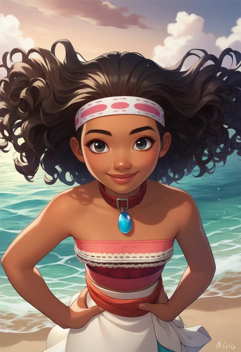 masterpiece,best quality, highly detailed, score_9, score_8_above, score_7_above, score_6_above,BREAK
 Moana  ,1 , Alone, mulher de dark skin, dark skin, jewelry,  hand around waist , collar,  smile,  long hair, Tube top,  ocean,  cloudy  sky, bare arms,  ...