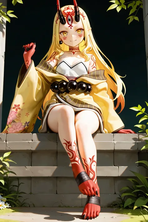 NSFW,masterpiece,Highest quality,Hi-Res,very detailed,Ibaraki Doji\(Fate/Grand Order),long hair、 Gold、side lock、yellow eyes、pointed ears、 face mark 、tattoo、 forehead mark、ghost、horn、Sharp Claws, kimono、 yellow kimono、Head ornament、earrings、gem、 Biz 、off sh...