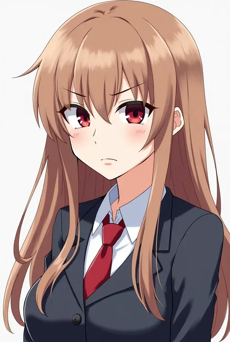 A girl in the style of the anime Boku no Hero,  with white skin , long light brown hair with dark red tips, with a somewhat serious look and one eye red and the other brown and wearing school clothes from Boku No Hero