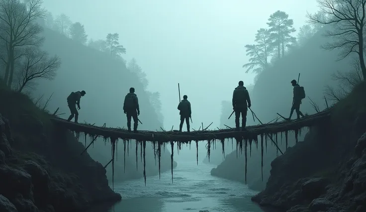 The first challenge—a deep river with broken wooden bridges, mist covering the water’s surface.