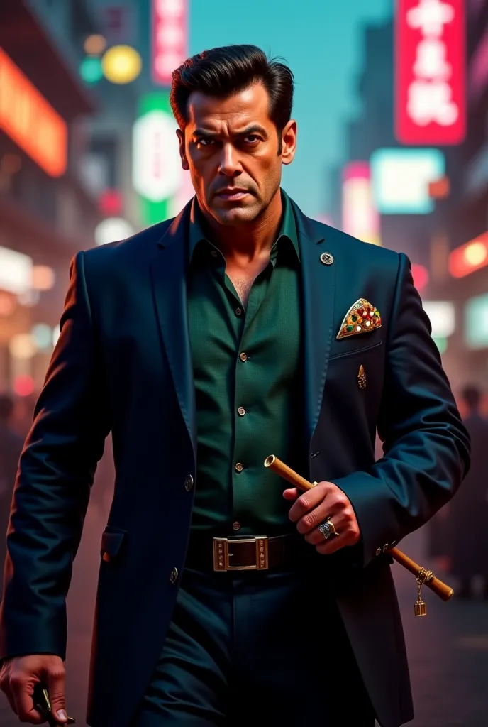 {
  "prompt": "A realistic human male character resembling Salman Khan, with a strong build and charismatic personality. He is dressed in a traditional Indian outfit, combining modern and classic elements with a dark blue suit and emerald green accents. Hi...