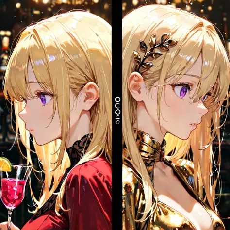 2girls, long blonde hair, hair inbetween eyes, cute, detailed eyes, purple eyes, facing viewer, sexy, welcome to Enigma, holding a cocktail, formal attire, black and gold dress, High Resolution, Masterpiece, Accurate, Anatomically Correct, Best Quality, De...