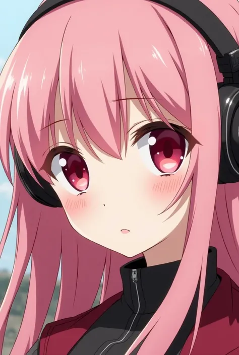  anime, adult, who gives us on half of her face with very long pink hair, very red eyes, soothed face, charismatic and beautiful, innocent unhappy, on her face. She gives us on half of her face by highlighting her red eyes, wear a music headphones on her h...