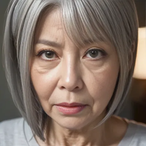 solid circle eyes, amber eyes,  Sanpaku, parted lips, expressions, guilt, depth of field, cinematic lighting, UHD, masterpiece, anatomically correct, textured skin, super detail, best quality, 8k、(Japanese mature 90 year old woman:1.4)、(((Alone:1.4)))、An u...