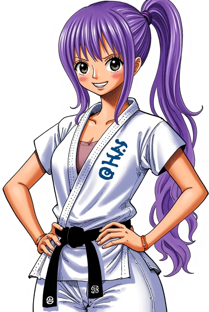 20-year-old woman with purple hair tied in a ponytail full body with big boobs cheerful with a smile wearing martial artist clothes   