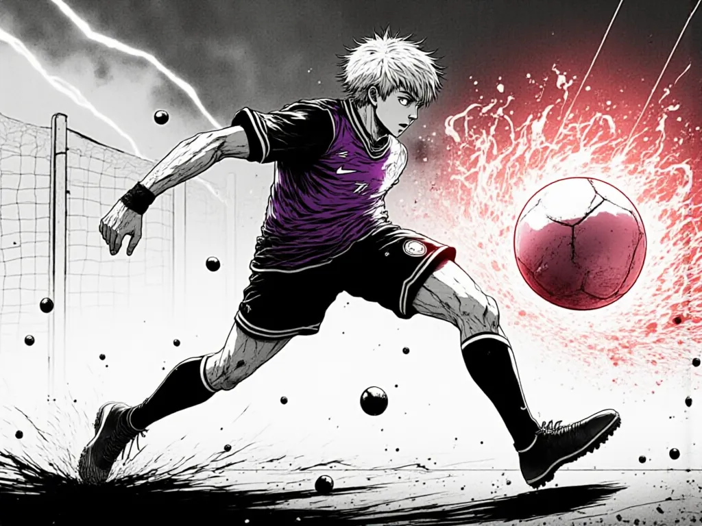 uniform An anime image of a 22-year-old boy,handsome,attractive and with young features. has white hair,long and messy. ojos color lavanda y era alguien atractivo y handsome,Wear a black and purple soccer uniform. with black sneakers.

The boy would be on ...