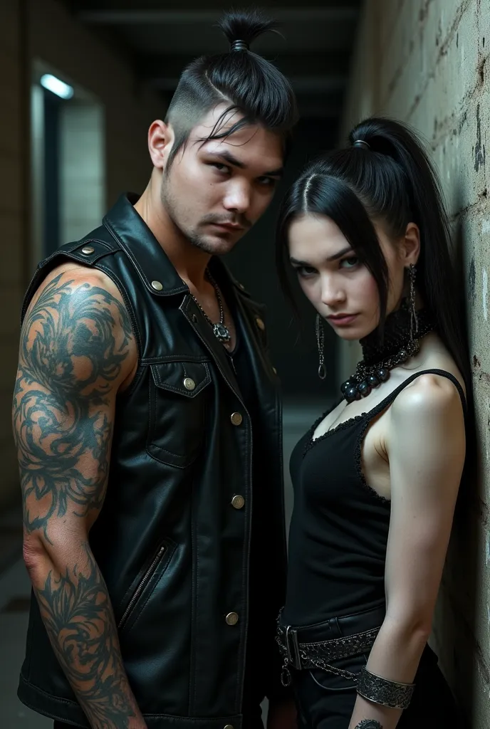 Rocker with tattoos, next to a goth girl