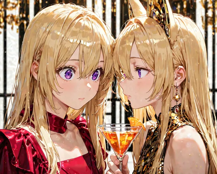 2girls, long blonde hair, hair inbetween eyes, cute, detailed eyes, purple eyes, facing viewer, sexy, welcome to Enigma, holding a cocktail, formal attire, black and gold dress, High Resolution, Masterpiece, Accurate, Anatomically Correct, Best Quality, De...