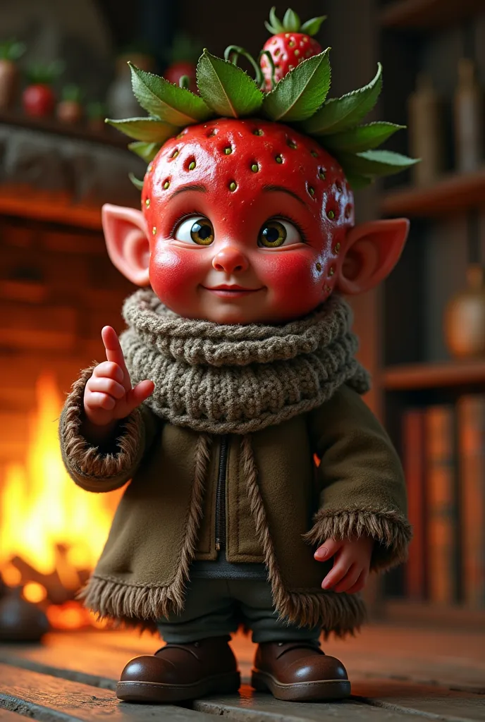 A hyper-realistic depiction of a whimsical character resembling a strawberry-themed forest gnome. The gnome's head is textured like a ripe strawberry, covered in tiny seeds and a slightly dimpled surface, with a natural sheen that catches the warm light. A...