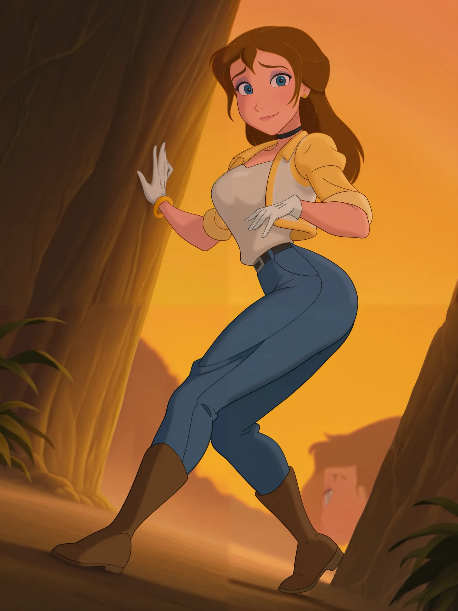 (anime screencap:1.2), background, 1girl, medium breasts, (JaneXL:1.1), long hair, brown hair, blue eyes, makeup, light smile, dutch angle, shy pose, shy, looking at viewer, daylight, portrait, dynamic pose, from side, blhe small jacket, white vest, black ...