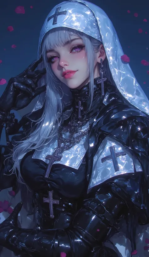 1girl, solo, (long silver hair), detailed face, mischief expression, smirk, pale white skin, purple eyes, (detailed eyes), long eyelashes, black eye liner, red lipstick, black tunic, (silver hoodie cloak), long dress, leather glove, (chest armor), (standin...