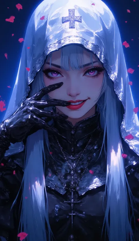 1girl, solo, (long silver hair), detailed face, mischief expression, smirk, pale white skin, purple eyes, (detailed eyes), long eyelashes, black eye liner, red lipstick, black tunic, (silver hoodie cloak), long dress, leather glove, (chest armor), (standin...