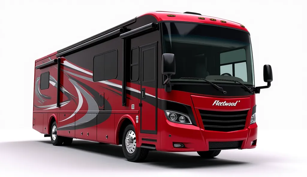 2025 Fleetwood RV motorhome Is a Stunning Addition to the CGI Realm modified red and black back left view in a luxurious Car showroom and finishing and lighting logo background Fleetwood RV and white background view car nbr plat write X CAR