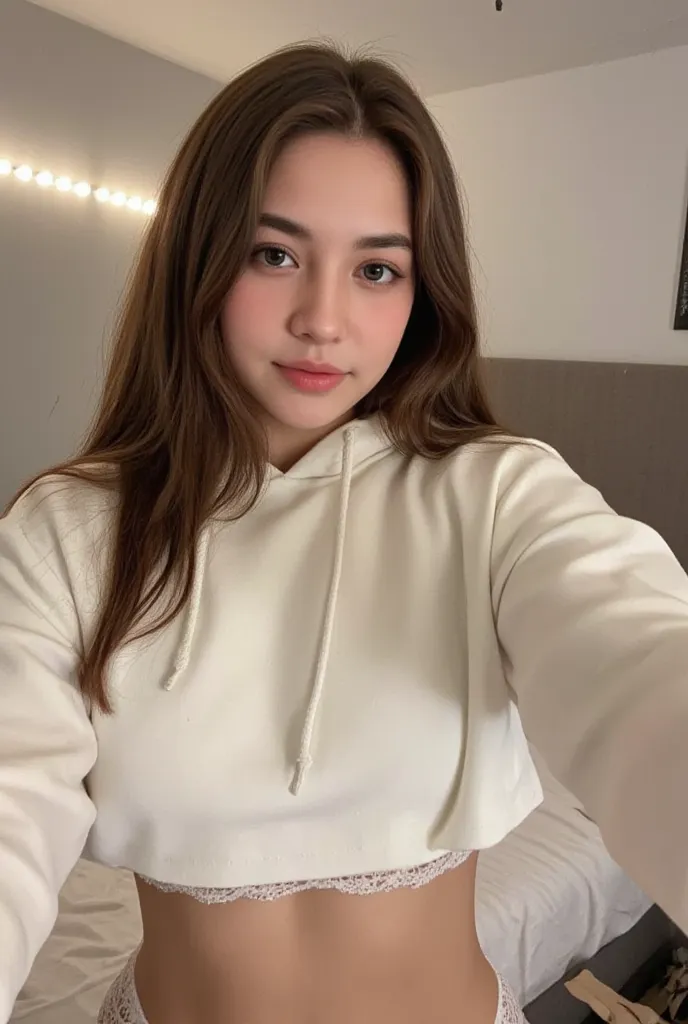 POV of an amateur selfie of a young woman in a cozy bedroom. She has long, slightly tousled brown hair, natural skin texture, and a soft, relaxed expression. She is wearing a cropped, oversized white hoodie with the sleeves slightly rolled up, revealing a ...