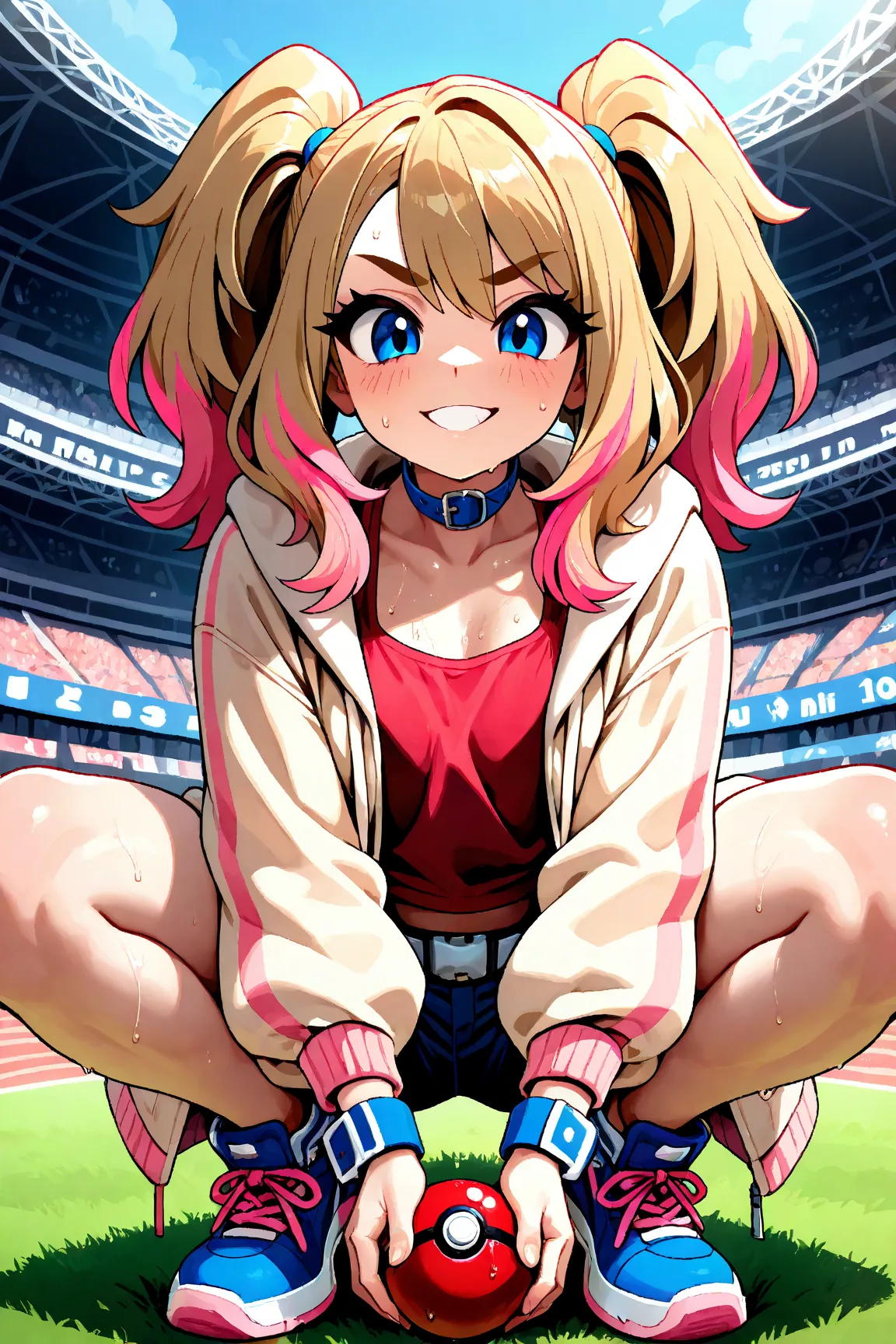 taunie, blonde hair pink highlights at the tip, red crop tanktop, blue eyes, blue sneakers, white mini short, beige jacket, pink highlights at the tips of hair, high neckline, blue collar, blue cuffs, belt with pokeball buckle, blue sneakers with white sol...