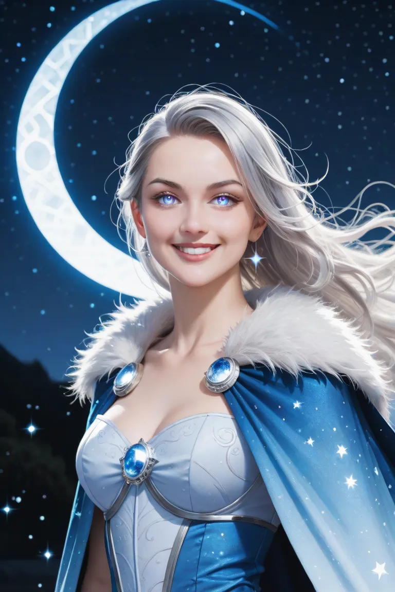 a mesmerizingly beautiful and effortlessly cool heroine with silver hair that glows faintly under moonlight and eyes like twin galaxies, swirling with starlight. Her smug smile hints at secrets only she knows. She dons a sleek, midnight-blue suit adorned w...