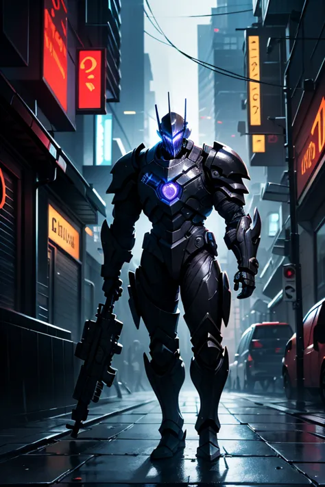 Game Illustration,League of Legends Splash Art,A black mech stands on a rainy city street,he has heavy armour,particle flow only,skirt armour,glowing eyes,no humans,cyberpunk,science fiction,dynamic poses,nijimecha,portrait,Intricate details,