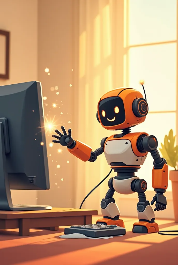 Create a warm and inviting image of a happy robot with a smile in a modern and cozy home environment. The robot should be depicted with a vacuum cleaner or a mop in its hand, next to a computer that is covered in dust and dirt. The robot should be shown in...