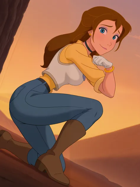 (anime screencap:1.2), background, 1girl, medium breasts, (JaneXL:1.1), long hair, brown hair, blue eyes, makeup, light smile, dutch angle, shy pose, shy, looking at viewer, daylight, portrait, dynamic pose, from side, blhe small jacket, white vest, black ...