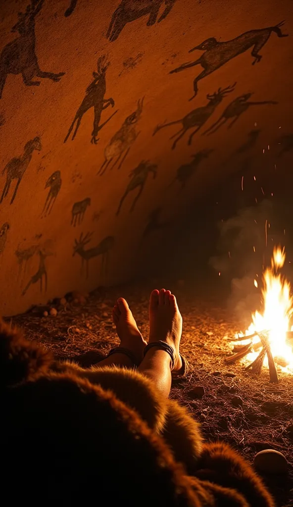 POV shot: You lie down on a bed of dry leaves and animal hides, your legs visible as they stretch out, covered in thick furs. The fire burns low, its embers glowing faintly and casting flickering shadows on the cave walls. Above you, ancient paintings of a...