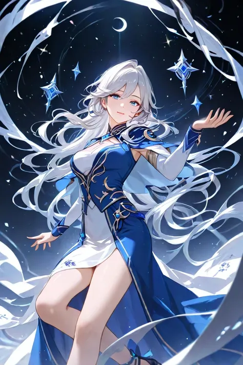 a mesmerizingly beautiful and effortlessly cool heroine with silver hair that glows faintly under moonlight and eyes like twin galaxies, swirling with starlight. Her smug smile hints at secrets only she knows. She dons a sleek, midnight-blue suit adorned w...