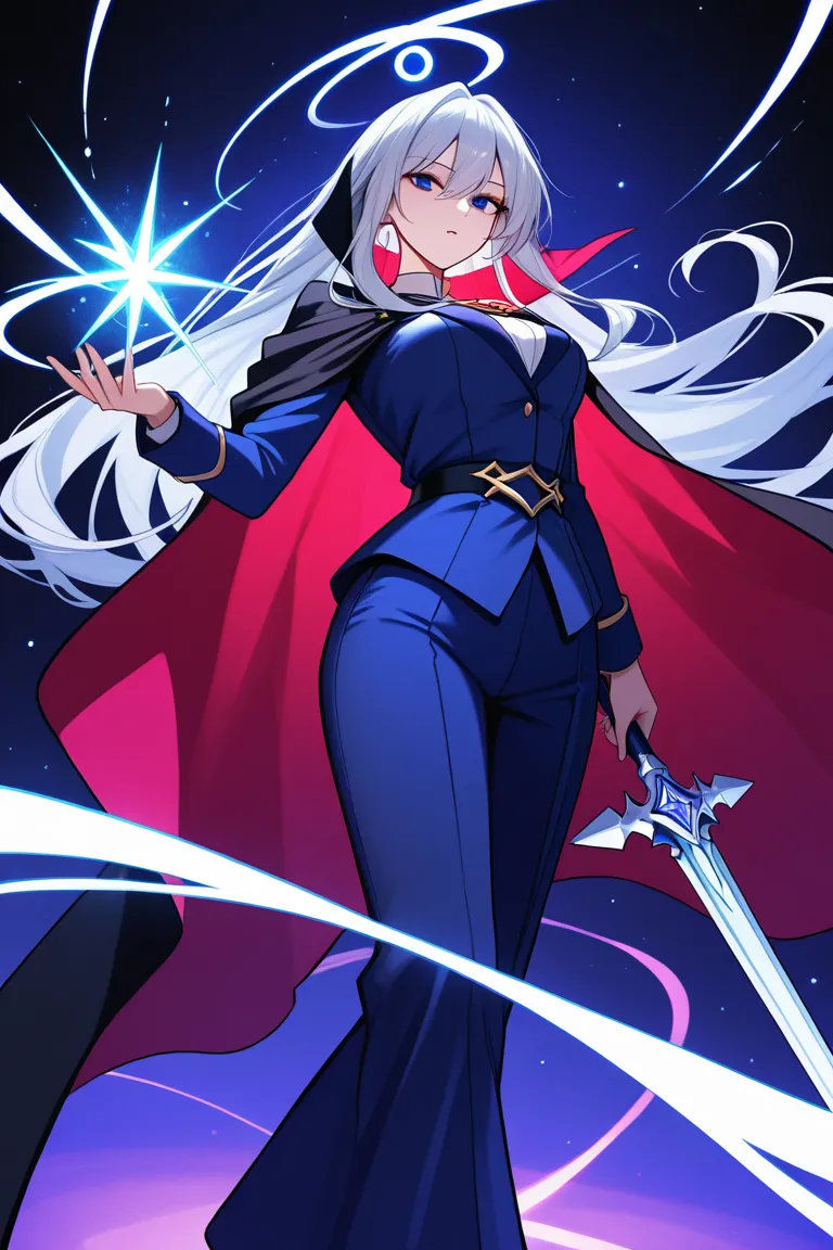 a mesmerizingly beautiful and effortlessly cool heroine with silver hair that glows faintly under moonlight and eyes like twin galaxies, swirling with starlight. Her smug smile hints at secrets only she knows. She dons a sleek, midnight-blue suit adorned w...