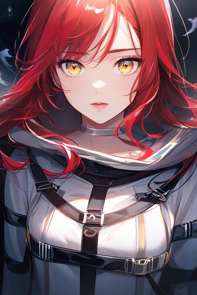 ERMalenia, 1girl, Golden eyes, long hair, red hair,  shiny skin, Straitjacket 